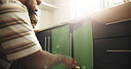 Painting, cupboard and renovation with black couple in kitchen for remodeling, diy project and bonding. Home improvement, property development and painter with man and woman in house for support