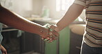 Kitchen, handshake and couple with paint, agreement or thank you for help, moving or color for home. Done, gesture and shaking hands in new house, painter and people with complete project or creative