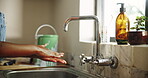 Washing hands, painter and remodeling with woman in kitchen for chemical safety, hygiene and water. Cleaning, painting disinfection and renovation with person and kitchen sink in home for diy project
