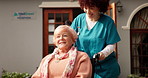 Nurse, old woman or wheelchair outdoor at nursing home for medical service, fresh air or discussion. Healthcare, caregiver and senior person with disability for rehabilitation and retirement support
