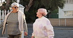 Talk, walk or senior women in yard with wellness, friendship or bonding at nursing home. Outdoor, pensioners and elderly people in retirement to relax with care, support or conversation in village