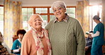 Senior, happy women or friends with face in retirement home for healthcare or assisted living. Portrait, female people or smile with hug in old age house for elderly care, nursing or pension together