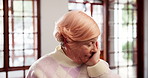Home, thinking and old woman with retirement, remember and memory with anxiety. Apartment, pensioner and elderly person with wonder, nostalgia and depression with dementia, sad and alzheimer