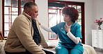 Home, nurse and old man in bedroom, empathy and recovery with retirement, smile and support. Pensioner, elderly person and caregiver in uniform, sympathy or rehabilitation with wellness or healing