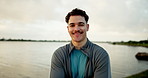 Face, outdoor and man with fitness, smile and water with workout, wellness and confidence. Portrait, happy person and athlete with nature, training and exercise with healthy, countryside or challenge