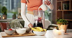 Hands, smoothie and woman with milk in blender for breakfast shake, healthy diet and gut health. Home, person and prepare ingredients for protein drink, meal replacement recipe and wellness benefits