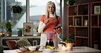 Blender, taste smoothie and woman in kitchen for health, diet and detox with vitamin benefits. Home, morning and mature person with drink, fruit shake and juice for protein, nutrition and digestion