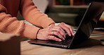 Typing, hands and writer with laptop, home and freelance article on website, research or newsletter. Online, author and elderly person with tech, remote work and plan for submission of ebook in house