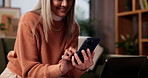 Senior woman, hands or texting with phone in home for communication, browsing or social media. Elderly, female person or user with mobile smartphone for online network, connection or app in house