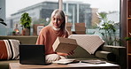 Laptop, happy woman and box for ecommerce in home, logistics or order fulfillment with remote work. Package, computer and mature freelance entrepreneur with stock, sales and typing email for shipping