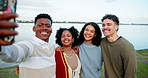 Gen z friends, selfie and smile at park, lake and hug with reunion, weekend and laugh on vacation. Group, men and women for photography, happy and profile picture for social media on holiday by water