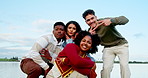 Face, couple of friends and holiday at lake for adventure, travel together or hand gesture. Portrait, group and happy people by water for tourism, trip or peace sign for vacation with fashion outdoor