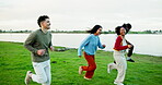 Smile, people and run for vacation outdoor at lake, nature adventure and bonding together. Happy, group and travel with friends for holiday journey, social reunion and getaway race for weekend break