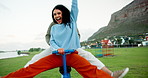 Face, laughing and love with couple on seesaw together for bonding, dating or romance outdoor. Happy, comedy or relationship with excited man and funny woman at lake in park for playful activity