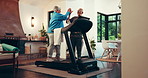 High five, treadmill and walking with senior couple in living room of home for health success. Motivation, physiotherapy and rehabilitation with old people in apartment for cardio exercise or fitness