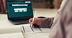 Laptop, form and hands of woman writing on paper for application and schedule in home. Checklist, freelance course and senior female person in apartment with diary, registration or education program