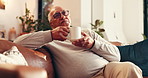 Relax, thinking or old man with tea on sofa in home for ideas, reflection or nostalgia. Decision, remember or elderly male person drinking beverage with past memory, coffee or peace in retirement