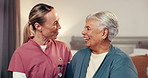 Medical, hug and nurse with senior woman in home for consultation with good news for treatment. Healthcare checkup, conversation and caregiver embracing female patient in bedroom for healing in house