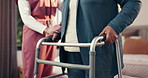 Women, hands and senior with walker or nurse for assisted living or help in retirement home. Female people, caregiver and aiding elderly person with a disability for mobility, balance or recovery