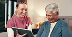 Tablet, checkup and nurse with senior woman in home for research on treatment plan. Medical consultation, technology and caregiver with elderly female patient with diagnosis in bedroom at house.