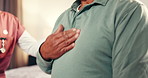 Senior man, hands or nurse with chest pain for medical condition, chronic illness or cardiac arrest. Caregiver, patient and elderly person with heartburn or heart attack for bronchitis or healthcare