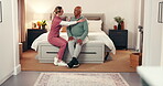 Nurse, mature man and help for dressing in retirement home with bedroom, support and conversation. Healthcare, caregiver and senior pensioner for comfort, communication and elderly care advice