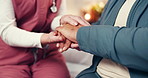 Nurse, hands and senior patient with empathy for understanding, healing or rehabilitation in home. People, caregiver or elderly care with sympathy for comfort, support or trust in retirement house
