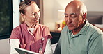 Tablet, consultation and nurse with senior man in home for research on treatment plan. Medical checkup, technology and caregiver with elderly male patient with diagnosis in bedroom at house.