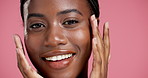 Face, skincare and black woman with smile for beauty, soft skin or perfect on pink studio background. Portrait, happy model and cosmetics for collagen treatment, natural aesthetic or facial closeup