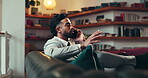 Sofa, businessman and phone call for author, information and schedule date with release. Freelancer, male person and novel writer with smartphone for listening, networking and event plan in home