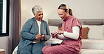 Diabetes, nurse and senior woman in home with testing blood sugar level for treatment plan. Lancing device, healthcare checkup and medical caregiver with elderly female patient for glucose monitoring