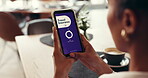 Phone screen, travel and insurance with hands of person in cafe for online application, policy or ui. Login, digital premium and cover benefits with woman for luggage warranty and flight protection