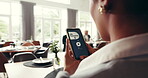 Phone screen, life insurance and hands of person in cafe for digital application, ui and check. Claims status, membership benefits and medical app with woman for biometric login and online review