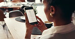Business, menu and phone screen with woman in restaurant for choice, decision or lunch break. App, food and order selection with customer at table in cafe or coffee shop for hospitality and service