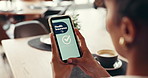 Phone screen, health insurance and hands of person in cafe for digial application, ui and check. Claims status, membership benefits and medical app with woman for biometric login and online review
