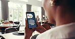 Phone screen, life insurance and app with hands of person for digital application, ui and check. Claims status, membership benefits and medical cover with woman for biometric login and online review