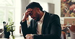 Travel, luggage and business man with headache in restaurant for flight delay, stress or pain. Work trip, person or migraine in airport lounge for missed departure, meeting deadline or massage temple