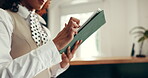 Receptionist, hotel or hands with tablet in lobby for booking schedule, calendar and availability. Hospitality, woman and scroll on tech at front desk for customer service, concierge and check in app
