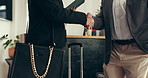 Hotel, handshake and hands of business people with tablet for meeting, greeting and networking. Corporate conference, professional and workers with gesture for partnership, collaboration and b2b deal