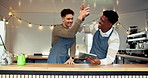 Men, barista and tablet with high five for congratulations, social media and trailer cafe teamwork. People, tech and waiter for customer service, partnership or mobile coffee shop review for success