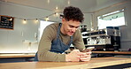 Man, smile and phone with barista for communication, social media and trailer cafe. Male person, smartphone and waiter for online customer service, web connection and mobile coffee shop review