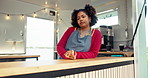 Barista, woman and bored in coffee vendor for no service, startup fail and waiting on order. Server, mobile small business and impatient african person with shift frustration, hopeless and inflation