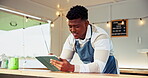 Smile, scroll and cafe with black man and tablet for small business, vendor license or menu planning. Food truck permit, entrepreneur and barista checklist with employee for coffee shop and inventory