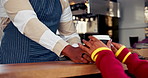 Coffee shop, truck and man with drink for customer for friendly service, fist bump and giving latte. Mobile cafe, restaurant and hands of people with takeaway, beverage and gesture for thank you