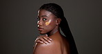 Foundation, makeup and face of black woman on dark background for cosmetics, beauty and products. Cosmetology, mockup and portrait of person with lines for color, skin tone or application in studio