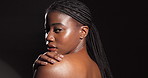 Face, body care and black woman in studio with glow, confidence or healthy skin. Dermatology cosmetics, proud or African female person isolated on gray background with shine, mockup space or wellness