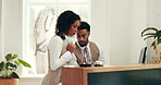 Hotel, receptionist and people on computer at front desk for service, training and online checkin. Hospitality, teamwork and woman with man on tech for booking, accommodation and reservation info