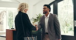 Hotel, handshake and business people with tablet at seminar for meeting, partnership and networking. Corporate conference, tech and workers with gesture for partnership, collaboration and b2b deal