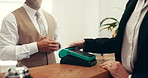 Hands, hotel reception or guest with credit card payment for check in, POS or accommodation. Fintech, concierge service or people at help desk with machine for transaction, registration or booking