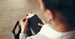 Business woman, hands or travel with flight ticket, suitcase or passport for job opportunity. Top view, female person or traveler with slip, luggage or boarding pass for departure time in airport